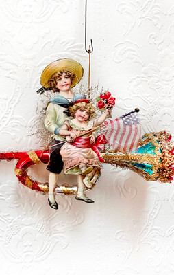 Sailor Boy and Girl in Pink Sitting on Spectacular Large Glass Patriotic Horn