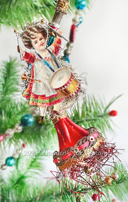 Patriotic Girl Over Playing Drum on Red and Silver French Horn