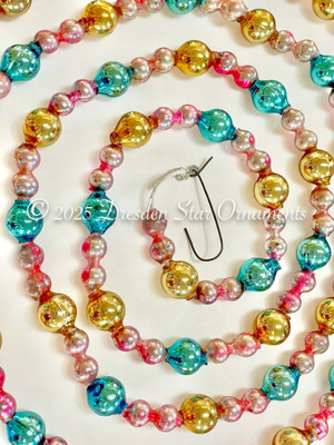 Lovely Vintage Multicolored Glass Bead Garland in Pink, Light Blue, Gold – 6 ft Length