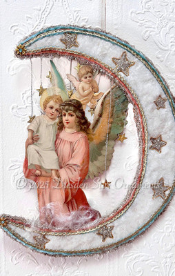 Cotton Batting Moon with Sparkling Stars with Angel Holding Baby Jesus