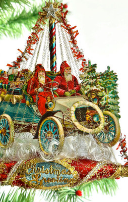 Twin Santas Driving Model-T Style Car on Glass Ship Ornament