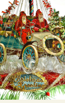 Twin Santas Driving Model-T Style Car on Glass Ship Ornament