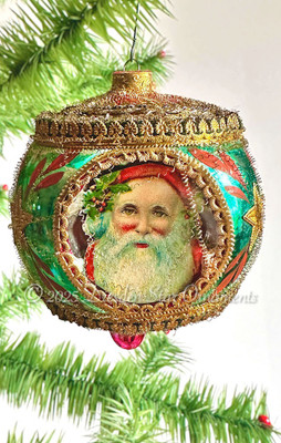 Giant Triple-Indent Mid-Century Ornament with 3 Santas and Spindle Bottom