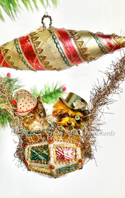 Celebrating Kitty and Doggie Riding Fanciful Dirigible Ornament