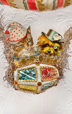 Celebrating Kitty and Doggie Riding Fanciful Dirigible Ornament