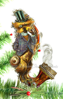 Dapper Dog in Striped Jacket on Rare Saxophone Clip on Ornament