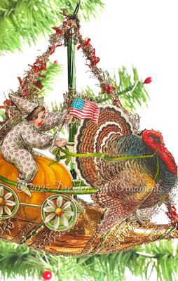 Child in Clown Costume Riding Imaginative Pumpkin Cart Pulled by Turkey