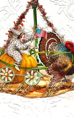 Child in Clown Costume Riding Imaginative Pumpkin Cart Pulled by Turkey