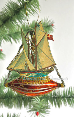 Beautiful Sailing Ship on Circa 1900s Glass Ornament with Miniature Railing