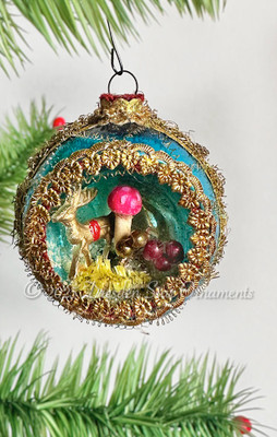 Cute Blue Glass Diorama Indent With Amanita Mushroom and Reindeer