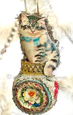 Adorable Kitten with Gold Fence on Frosted Indent with Yellow Rose