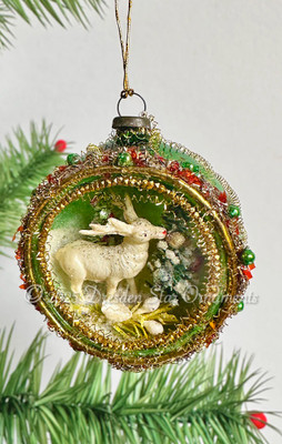 Green Glass Diorama Indent with Frosty Winter Forest Scene