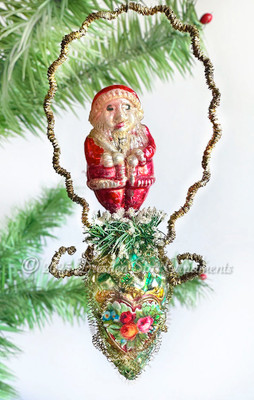 Tiny Molded Glass Santa on Miniature Pinecone ornament