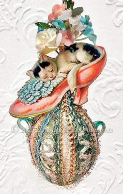 Sleeping Kitten in Lady’s Shoe on Glass Urn Ornament
