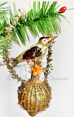Glass Songbird on Victorian Glass bead with hanging Glass Lantern