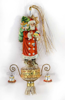 Victorian Santa with Bird and Toys on Silver Glass Topper with Antique Bells