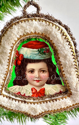 Christmas Girl in Cotton Batting Bell with Beautiful Transparent Green Center