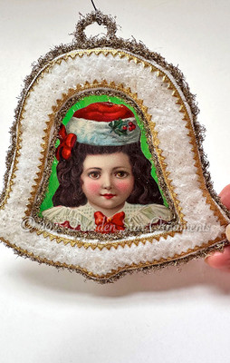 Christmas Girl in Cotton Batting Bell with Beautiful Transparent Green Center