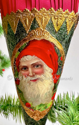 Stunning Santa with Holly on Large Green Paper Cone