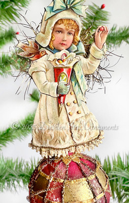 Victorian Girl Holding Christmas Cone on Victorian Era Glass Single Balloon Ornament