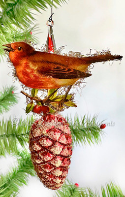Cheerful Robin on Frosted Red Pinecone Ornament