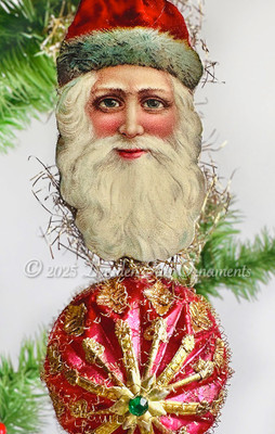 Jolly Santa on Fancy Red Glass Sphere Gilded in Gold