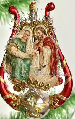 Nativity Scene on Gorgeous Red and Silver Glass Lyre with Miniature Silver Bell ornament