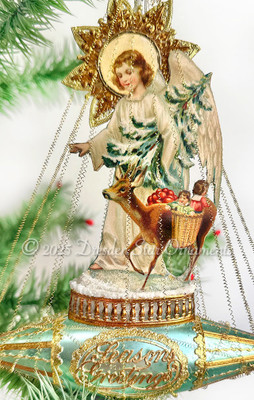 Magical Christ-Child/Angel with Deer on Snowy Pastel Aqua Boat Gilded in Gold