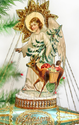Magical Christ-Child/Angel with Deer on Snowy Pastel Aqua Boat Gilded in Gold