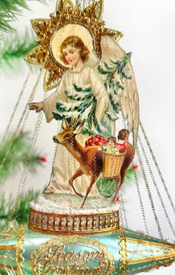 Magical Christ-Child/Angel with Deer on Snowy Pastel Aqua Boat Gilded in Gold
