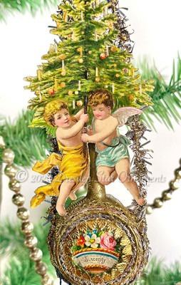 Angels Holding Christmas Tree on Victorian Mandolin ornament