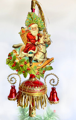 Red Glass Spire Topper with Santa on Rockinghorse and Red Bells