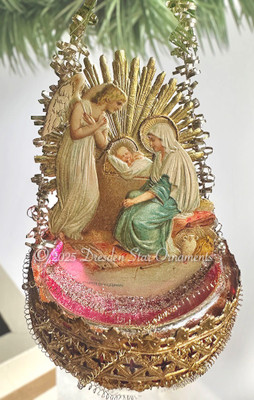 Nativity Scene in Bowl-Shaped 19th Century Ornament with Glowing Center