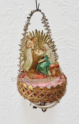 Nativity Scene in Bowl-Shaped 19th Century Ornament with Glowing Center
