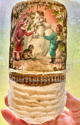 Wonderful 3-D Snow Scene Diorama on Rare Antique Spun-Cotton Snowball