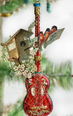 Caroling Robins with Bird House on Amazing Red Glass Guitar Ornament