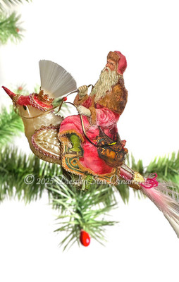 Pink Santa Riding Lifelike Glass Bird Clip-on Ornament