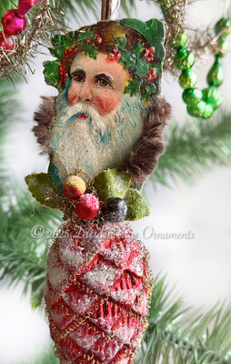 Santa with Real Fur Collar on Pretty Frosted Red Glass Pinecone Ornament