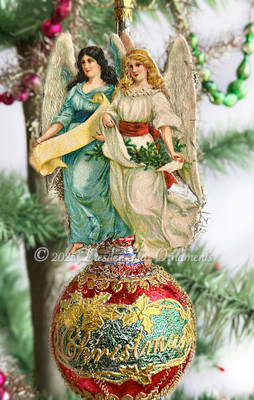 Twin Angels on Red Single-Balloon Glass Ornament with Fancy Script