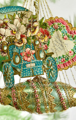 Elaborately Decorated Boat with Jalopy, Pansies, Forget-Me-Nots and Valentine