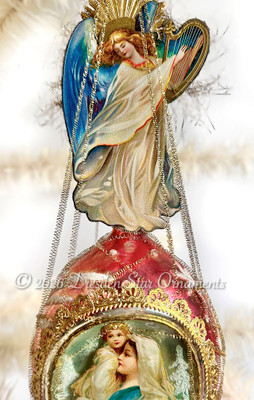 Angel, Jesus & Mary on 100 yr. Old Starry Night Ornament with Shooting Stars