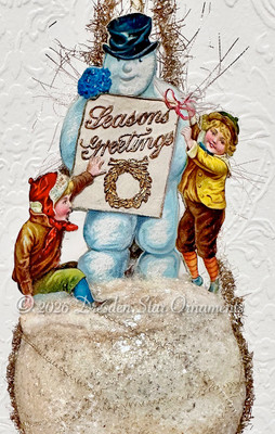 Children Building a Snowman on Gorgeous Flocked Glass Sphere Ornament