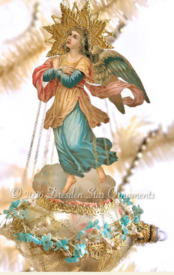 Ethereal Angel Floating on Pastel Glass Oval Boat Ornament Wreathed in Forget-Me-Nots 