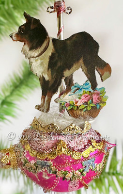 Border Collie Dog with Flower Basket on Bright Pink Glass Basket Swaged with Gold and Tiny Flowers