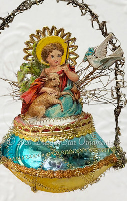 Jesus with Lamb and Dove in Petite Blue and Gold Basket with Wire Tinsel Handle