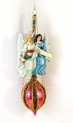 Twin Angels on Richly Colored Magenta Oval Glass Ornament with Decorative Wire