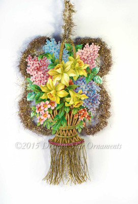 Large Two-Sided Ornament with Daffodils, Roses, and Gold Fringe