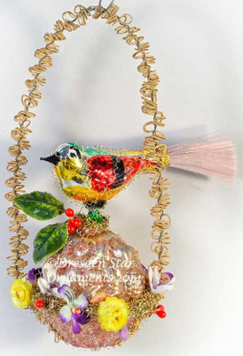 Glass Sparrow on Antique Glass Basket Wreathed in Flowers