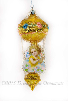 Victorian Fairy Holding Roses on Dainty Golden Double-Balloon Ornament