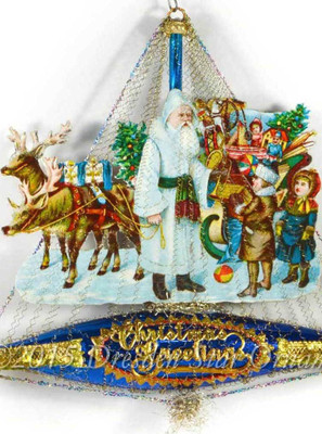 Blue Christmas Ship with Sleigh, Santa, Reindeer and Children